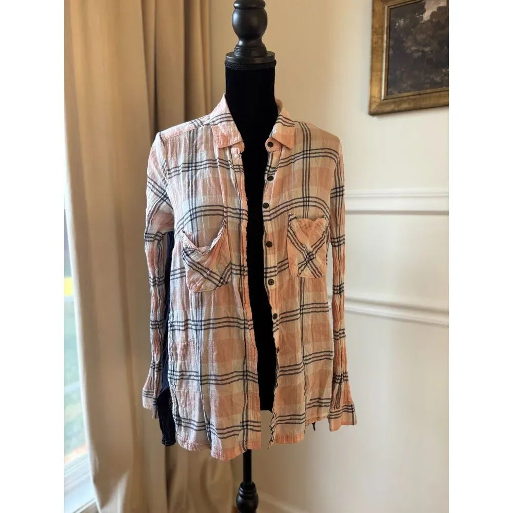 FREE PEOPLE Plaid Multi-Print Pink Navy Blue Shirt Top Size S/M - Picture 1 of 3